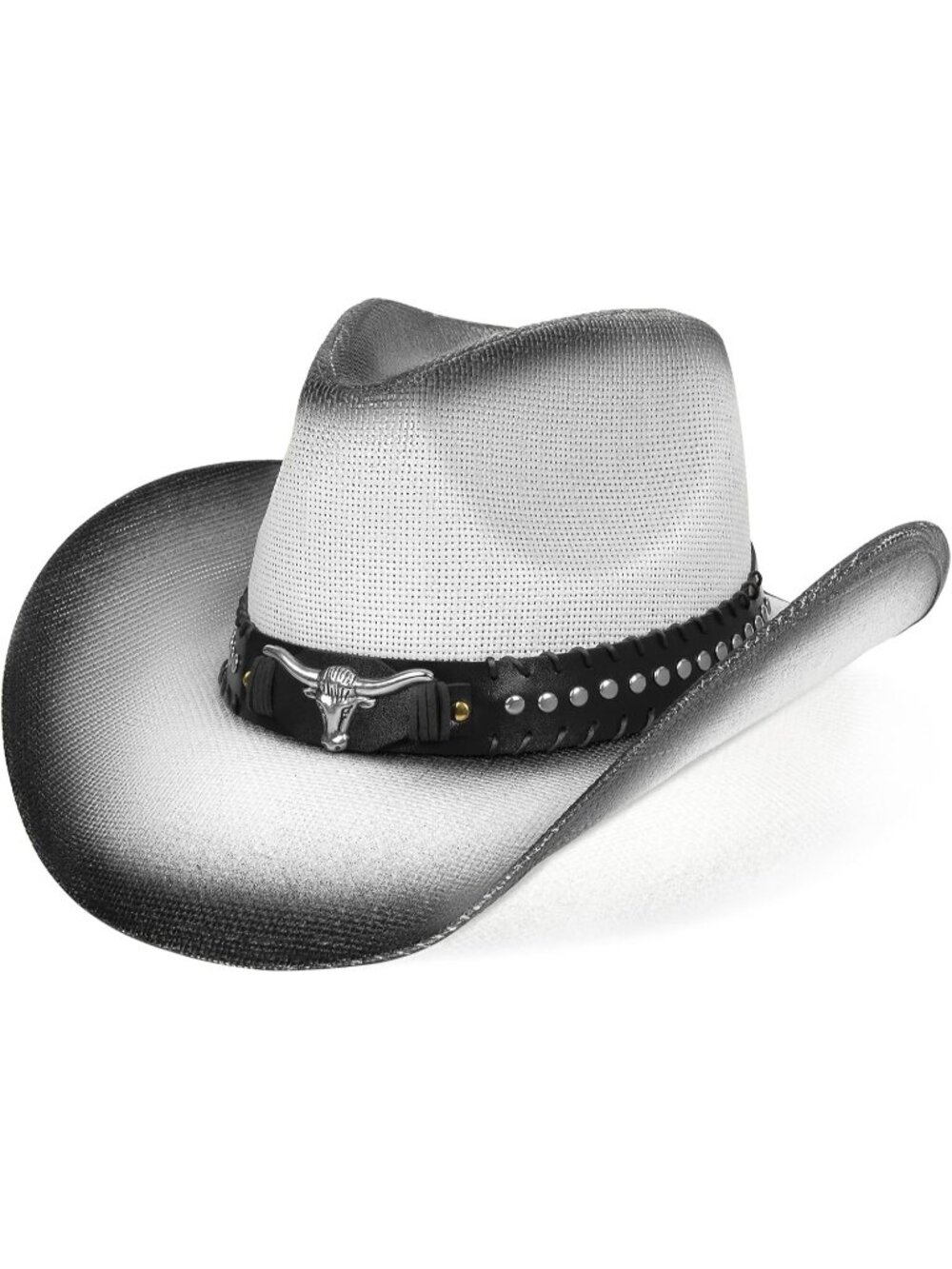 Men's Black & White Elastic Closure Straw Wide Shapeable Brim Cowboy Western Hat
